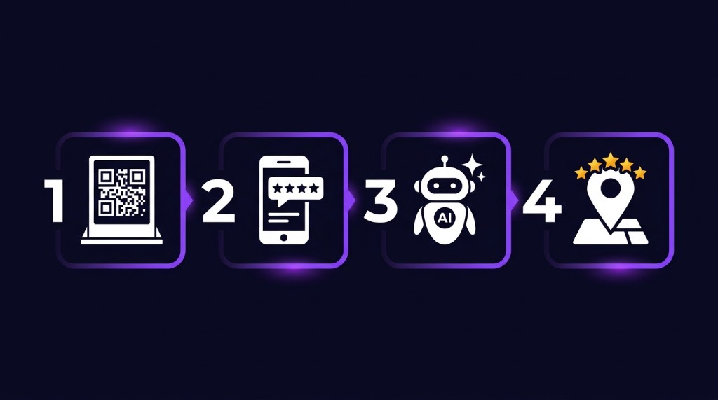 Four steps to more Google reviews: scan QR, rate, pick an AI draft, post