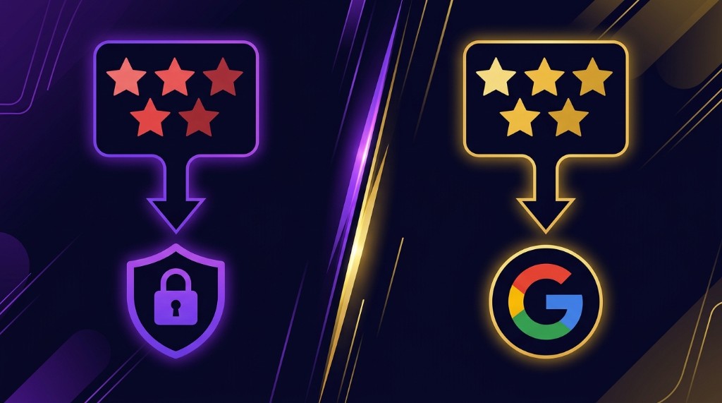 Low ratings stay private in ReviewBro. Happy customers post on Google.